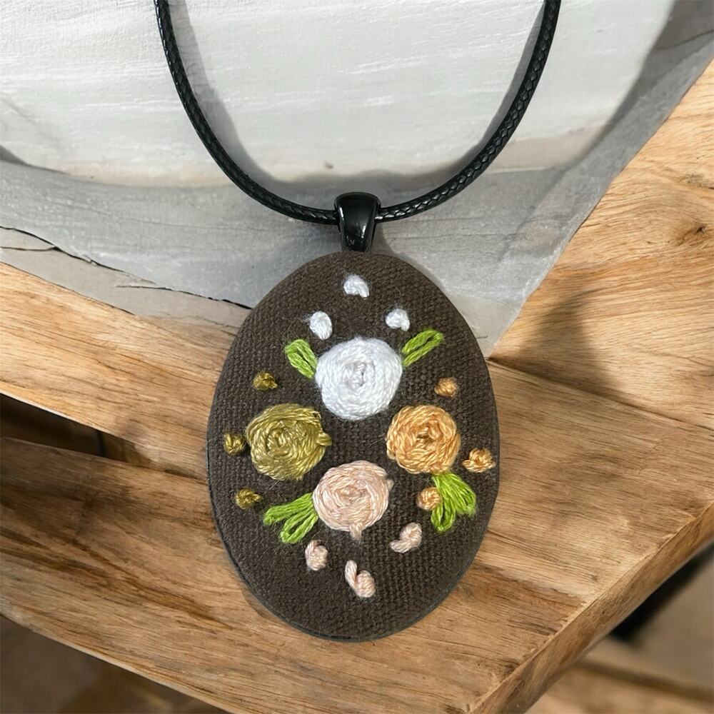 Embroidered Rose Cameo ~ Necklace with Flowers